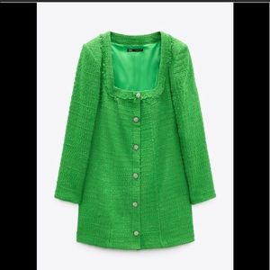 ZARA NWT Zara Green Textured Weave Mini Dress- With Jewel Buttons